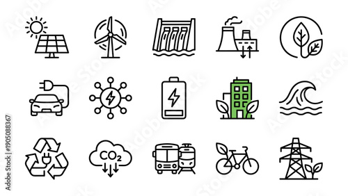 Set of 15 minimalist vector line icons for sustainable energy and green power, featuring solar panels, wind turbines, electric cars, recycling, CO2 reduction, and renewable energy resources.