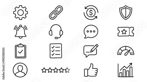 Hand-drawn vector icon set of 16 customer support and CRM elements including settings, link, refund, security, bell, headset, chat, ticket, checklist, feedback, NPS gauge, user profile, and rating.