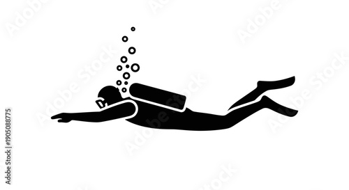 Scuba Diver Silhouette Icon, Underwater Exploration, Bubbles