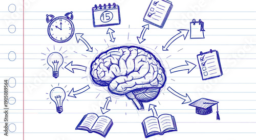 Brainstorming Ideas and Planning with Mind Map Sketch on Notebook Paper