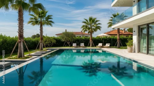 Wallpaper Mural Luxurious Outdoor Pool With Palm Trees Lounge Chairs Modern Home Against Blue Sky Showcasing Tranquility The Serene For Travel Real Estate Lifestyle Content Relaxation Vacation Torontodigital.ca