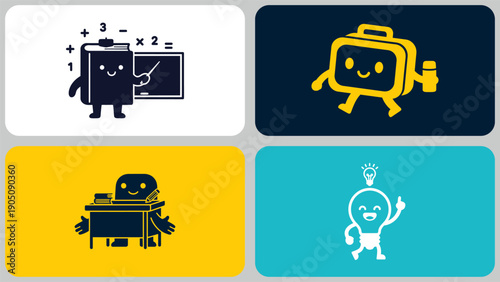 Funny school supply mascots including book teacher and lightbulb idea