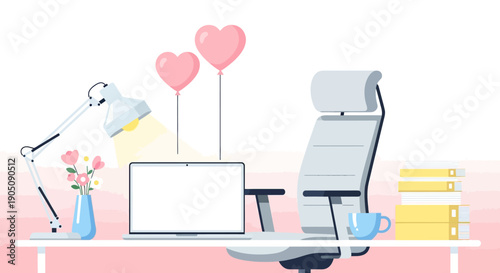 Modern office desk with laptop flowers and heart balloons illustration