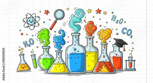 Colorful Chemistry Lab Equipment with Bubbles and Smoke