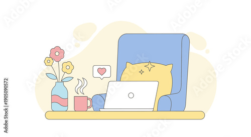 Cozy workspace illustration with laptop flowers coffee and armchair