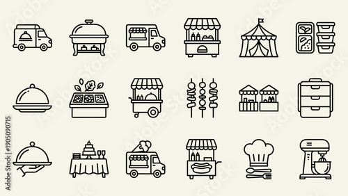 Set of 18 food service and catering line icons featuring food trucks, buffet chafing dishes, street food stalls, festival tents, meal prep boxes, chef hats, and professional kitchen equipment.