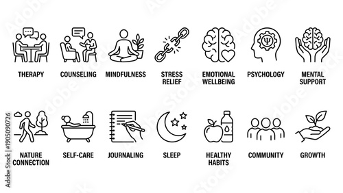 Set of 14 Mental Health and Wellness Line Icons Featuring Therapy, Counseling, Mindfulness, Stress Relief, Emotional Wellbeing, Psychology, Self-Care, Journaling, Sleep, and Healthy Habits Symbols