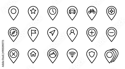 Minimalist Vector Icon Set of 18 Navigation Map GPS Pins in Line Art Style. Black and White Location Markers for Web Design, Apps, and UI featuring Car, Bicycle, Compass, Flag, House, and Wifi Icons.