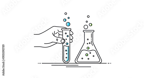 Scientist Hand Holding Test Tube With Bubbles Next To Flask, Science Experiment