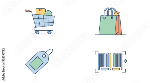 Set of E-commerce and Retail Vector Icons Featuring a Shopping Cart with Packages, Colorful Shopping Bags, a Price Tag, and a Barcode Scanner Graphic for Online Business and Marketing Design