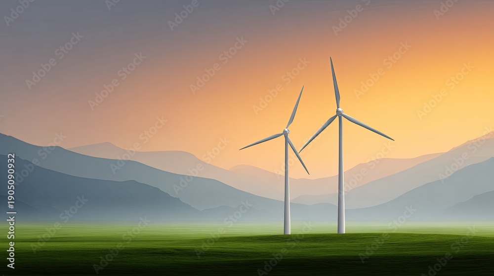 Fototapeta premium Serene Landscape with Two Wind Turbines Against a Vibrant Sunset Sky Overrolling Green Hills and Majestic Mountains in the Distance