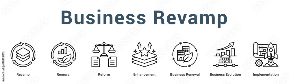 Obraz premium Business Revamp Modern and clean web banner illustration vector featuring thematic icons