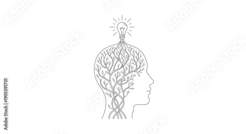 Brain Tree Light Bulb Idea Concept - Silhouette Head with Growing Branches and Illumination