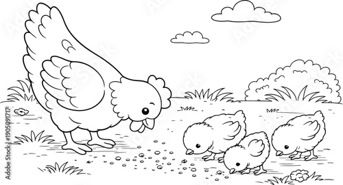 Mother hen and chicks in the field