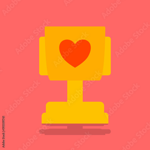 gold trophy with heart sign on red background