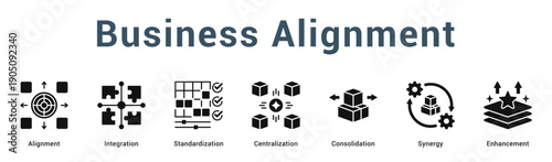 Business Alignment  Modern and clean web banner illustration vector featuring thematic icons