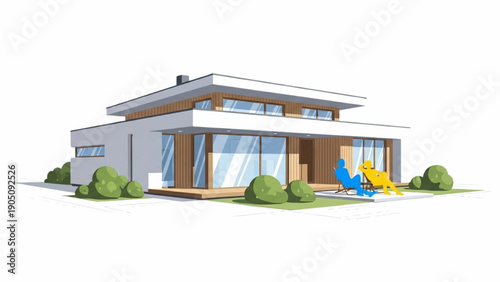 Modern Residential House with Two People Lounging in Chairs on Patio