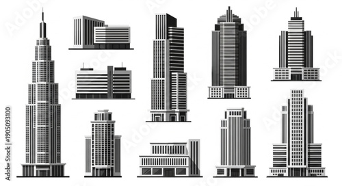 Modern City Skyscrapers Set Tall Office Buildings Urban Architecture Collection.