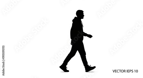 Silhouette of a man walking forward in profile view, isolated on white background.