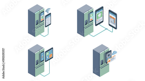 Isometric Vector Icon Set of Connected Smart Refrigerators with Digital Screens, Featuring Grocery Lists, Recipe Apps, Calendars, Smart Home Controls, and Delivery Notifications for IoT Kitchens.