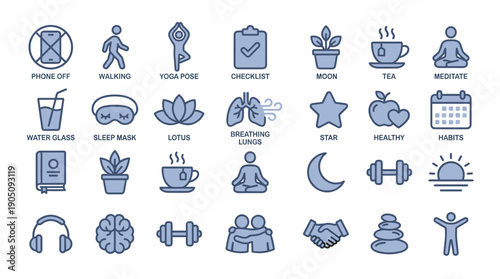 Collection of 24 wellness and mental health icons for healthy habits. Includes yoga, meditation, exercise, sleep, nutrition, and mindfulness symbols like lotus, brain, lungs, and zen stones.