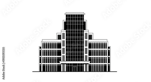 Modern Business Building with Many Windows and a Tall Central Tower.