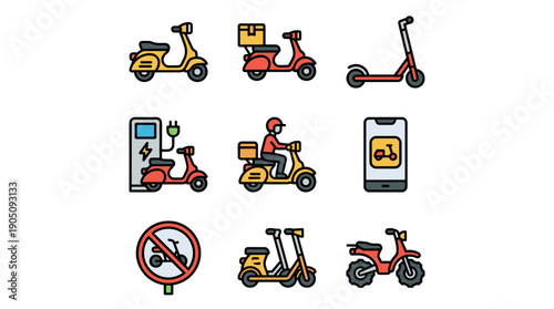 Vector icon set of electric scooters and urban transport in bold outline style. Includes delivery mopeds, kick scooters, charging stations, mobile apps, courier riders, and prohibition signs.