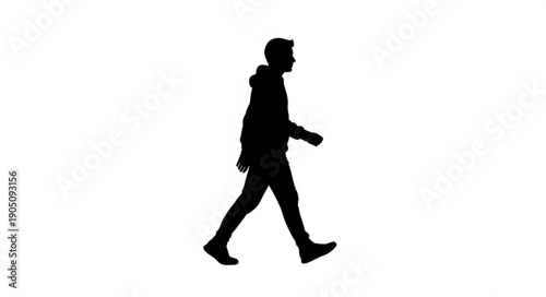 Silhouette of a walking person, full body, isolated on white background, side view.