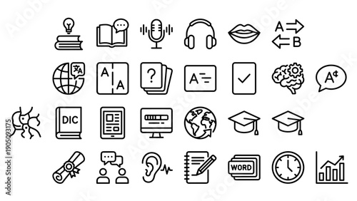 Comprehensive Collection of 24 Minimalist Vector Line Icons for Language Learning, Vocabulary Building, Pronunciation, Translation, Online Education, Linguistics, and Global Communication.
