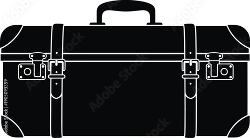 Classic vintage suitcase silhouette with buckles and straps, minimalist black travel luggage vector illustration isolated.