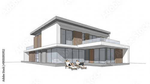 Contemporary architectural rendering of a luxurious modern house with an inviting outdoor relaxation area and sleek design elements