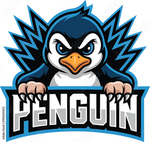 Aggressive cartoon penguin mascot with sharp blue wings and text PENGUIN Keywords: penguin, mascot, aggressive, angry, fierce, cartoon