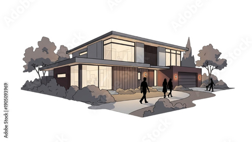 Sleek Contemporary Suburban Home with Geometric Architecture and Lush Landscaping Illustration