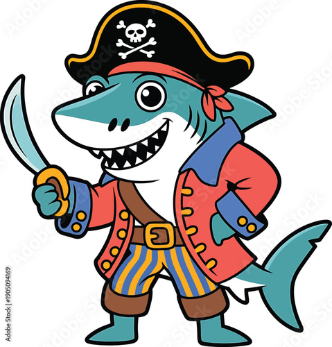 Cartoon Pirate Shark Holding a Sword on White Background Keywords: shark, pirate, cartoon, character, illustration, cute, funny, animal, sea, ocean