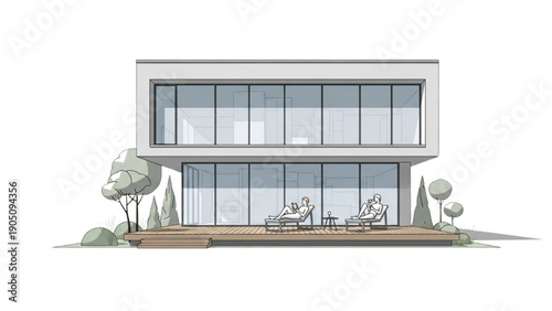 Modern house with deck and trees illustration on white background