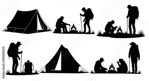 Silhouettes of campers with tents and campfires in outdoor setting.