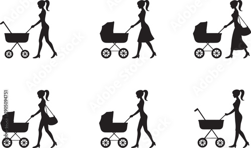 Silhouettes Of Women Pushing Baby Strollers In Different Poses woman mother