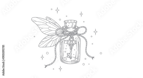 Fairy Potion Bottle with Key and Wings - Hand Drawn Illustration