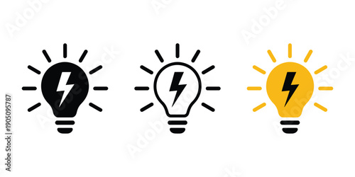 Light bulb icon, electric energy and power idea symbol with lightning bolt inside, creative technology vector illustration.