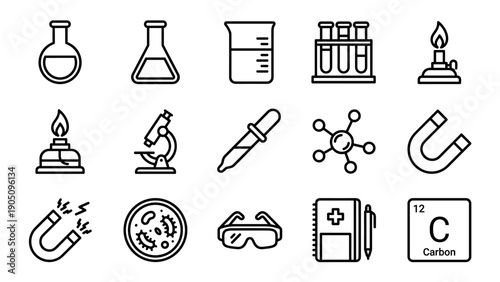 Science Laboratory and Chemistry Line Icon Set Featuring Flasks, Beakers, Microscope, Bunsen Burner, Pipette, Molecule, Magnet, Petri Dish, Safety Goggles, and Periodic Table Element Carbon.
