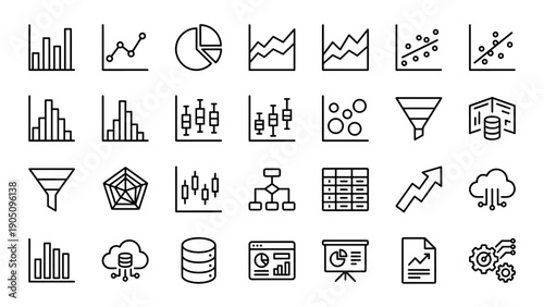 Set of 28 Data Visualization Line Icons Featuring Bar Charts, Line Graphs, Pie Charts, Area Charts, Scatter Plots, Histograms, Box Plots, Bubble Charts, Funnels, Radar Charts, and Flowcharts.