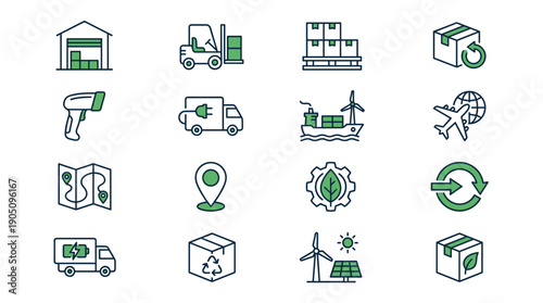 Sustainable Logistics and Green Supply Chain Icon Set. Features 16 Vector Symbols for Electric Transport, Renewable Energy, Eco-friendly Packaging, Recycling, and Carbon-Neutral Shipping Solutions.