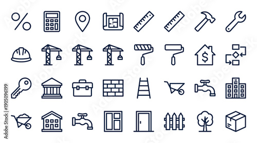 Comprehensive Set of 32 Minimalist Line Icons for Real Estate, Construction, and Mortgage Industries. Includes Tools like Hammer, Wrench, Crane, Hard Hat, Blueprint, House, Bank, Key, and Finance.