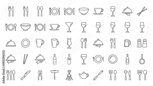 Minimalist Vector Line Icons of Restaurant Cutlery, Dishes, and Kitchen Utensils. Comprehensive Set of Tableware, Glassware, Cooking Tools, and Dining Equipment for Menus and Web Design.