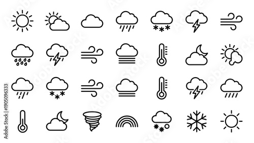 Vector Set of Weather Forecast Line Icons Featuring Minimalistic Symbols for Sun, Rain, Snow, Thunderstorm, Wind, Fog, Temperature, Cloud, Moon, Rainbow, and Tornado on White Background