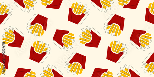 seamless fast food fries pattern with red packaging on light background. fun and bold design ideal for snack packaging, wrapping paper, and branding.