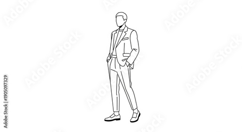 Stylish man in suit standing with hands in pockets.