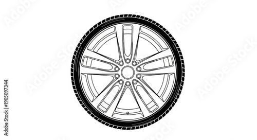 Automotive wheel with tire and rim, black and white illustration.