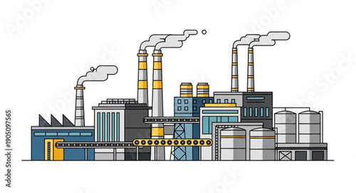 Industrial factory building with smoking chimneys and storage tanks vector illustration.
