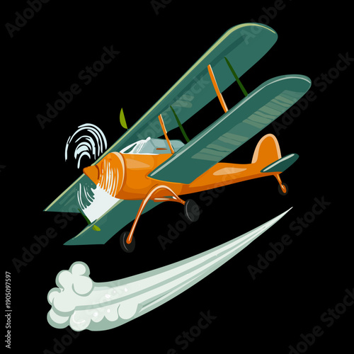 Vintage biplane aircraft transportation flying high in the dark sky with smoke trails and propeller spinning fast